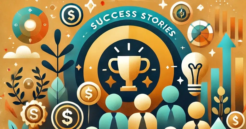 A warm and inspiring illustration for the topic 'Community Success Stories.' The image features a bold and friendly title at the top in a clean sans-serif font. The background includes subtle community-themed elements such as abstract figures in a circle to symbolize collaboration, a trophy or medal representing achievements, and a light bulb for innovative ideas. Icons of financial growth like upward arrows, coins, or bar charts are integrated subtly. The color palette includes vibrant and welcoming shades of blue, green, and gold, with soft gradients to evoke a sense of positivity and accomplishment. At the bottom, a call-to-action reads 'Celebrate the Wins Together.'
