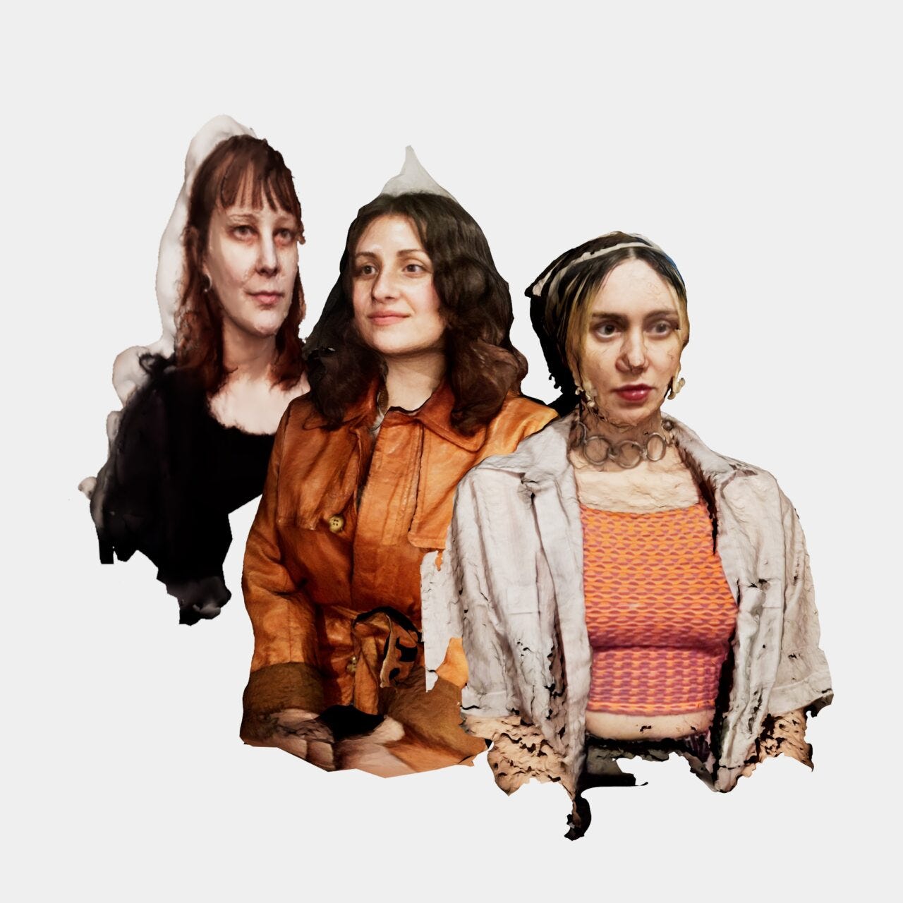 Pictured from left to right is Olivia Dreisinger, Cielo Saucedo, and Nat Decker. In this photo, Olivia is a white woman with a warm toned, shoulder-length brown hair with straight bangs, she is wearing a black blouse. In the middle, Cielo is a lighter-skinned Latine person (AFAB) with warm brown thick wavy hair, parted in the middle. Cielo is wearing a warm oranged-toned leather jacket. And on the right is Nat Decker, a white person (AFAB), with dark brown hair that is tied back.