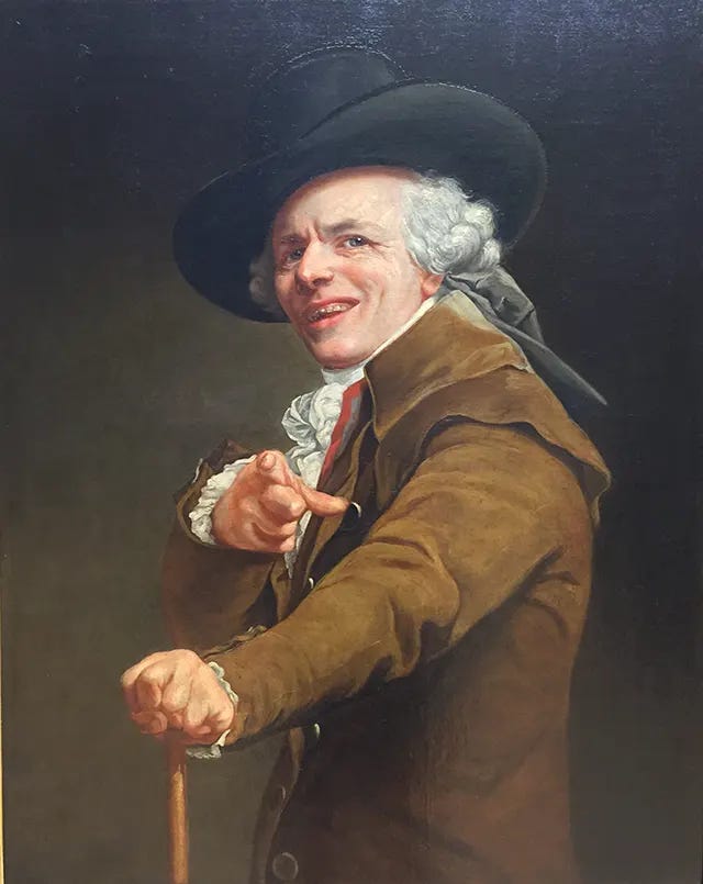A striking self-portrait from c. 1793, showing Joseph Ducreux in the expressive guise of a mocker, perfectly capturing his unique comedic style.