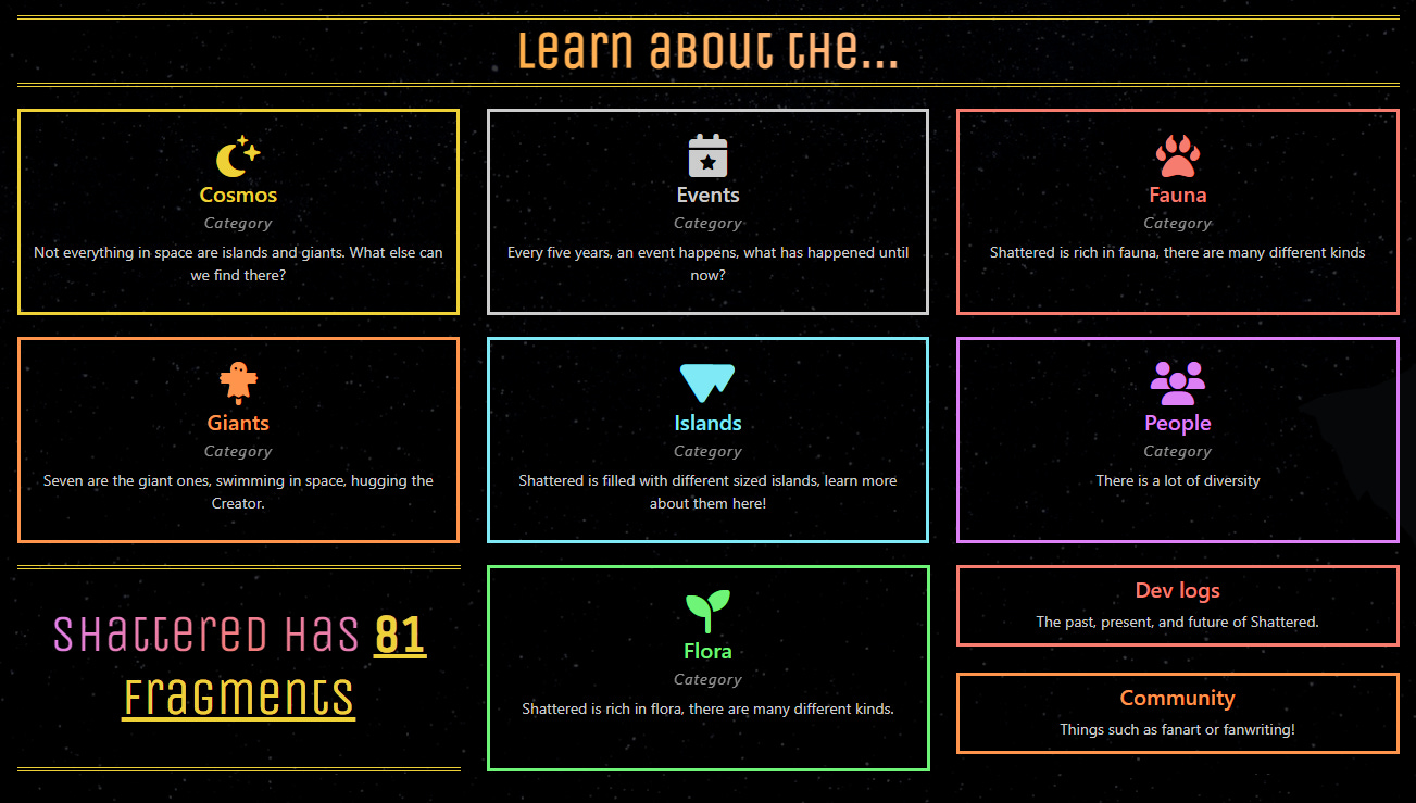 A screenshot of a Shattered's homepage section showing Shattered's categories.