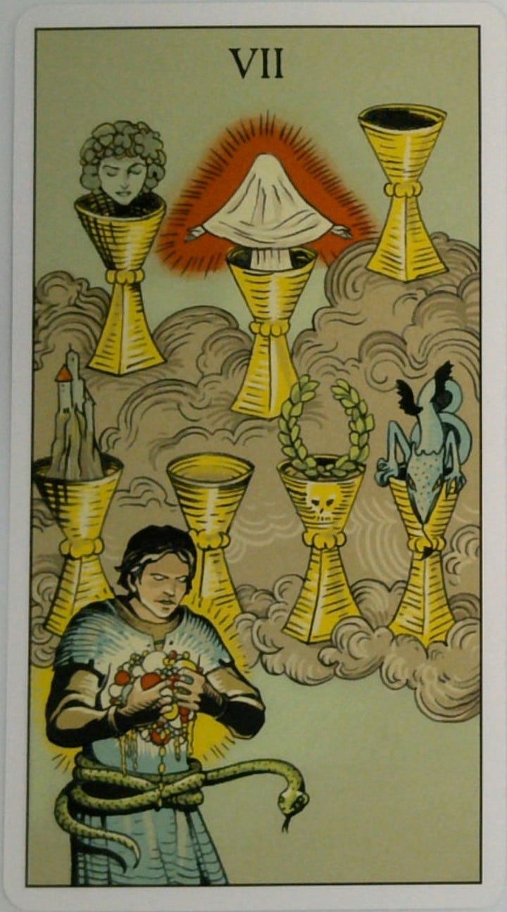 The Seven of Cups tarot card and the Let Go of Control oracle card.