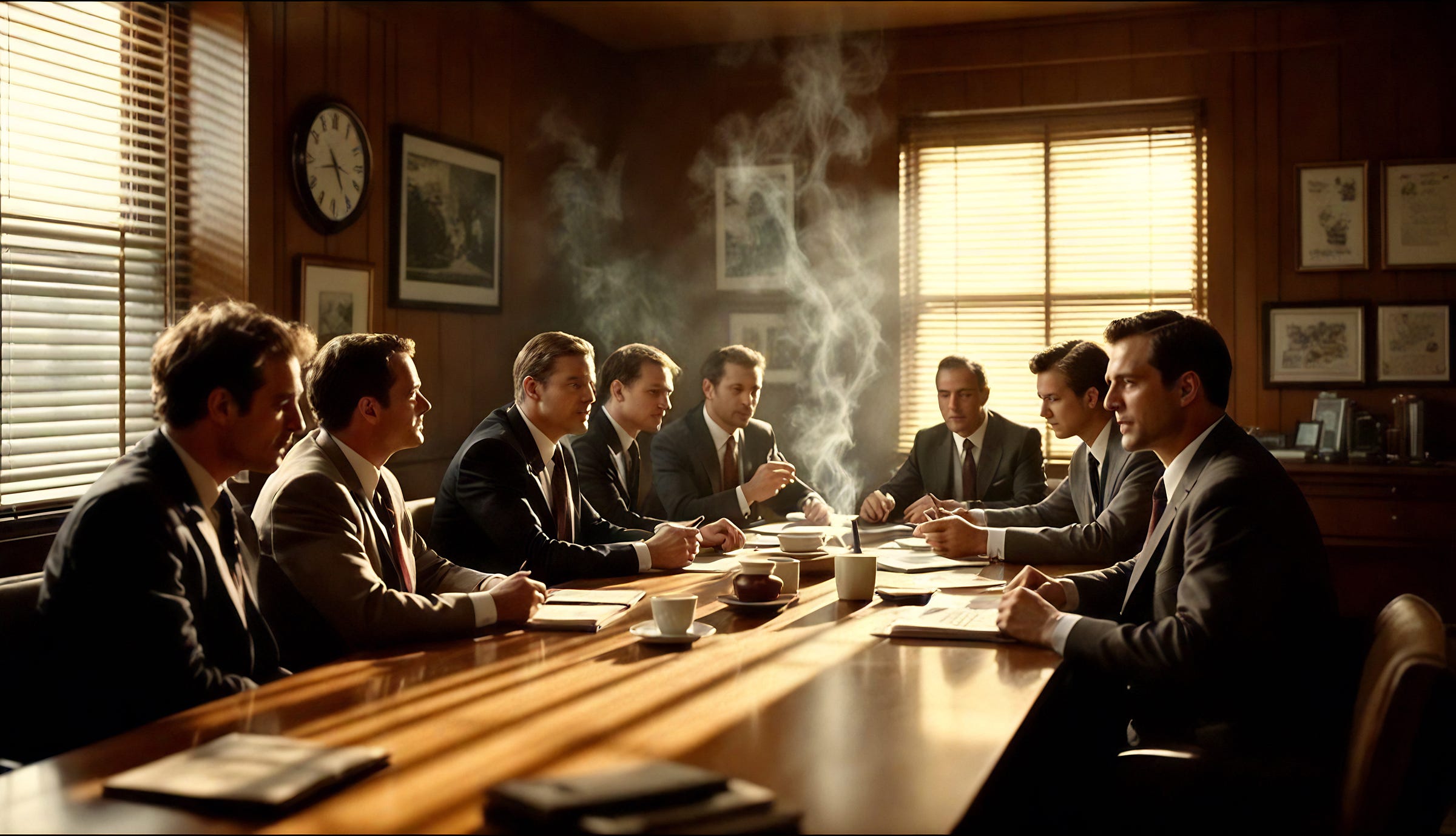 Men in dark suits seated around a long wooden conference table in a wood-paneled boardroom, cigarette smoke rising near the center. Venetian blinds cast striped light through the window. The atmosphere is tense and transactional. AI-generated illustration.