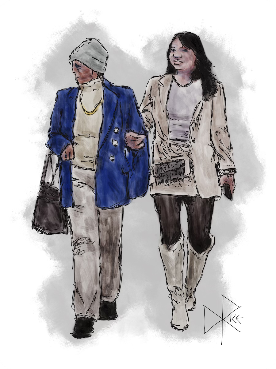 Two women of different generations, both dressed up for a public event, walking arm-in-arm. Sketch art by Don Rice.