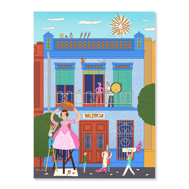 postales por diego blanco de gente celebrando las fallas en edificios del barrio del cabanyal de valencia