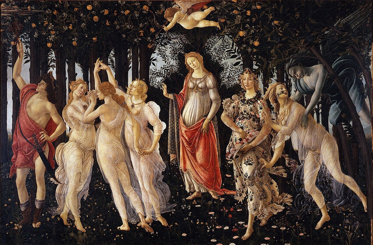 Botticelli's Primavera, the Three Graces turning together in a garden of flowers Botticelli's Primavera, the Three Graces turning together in a garden of flowers