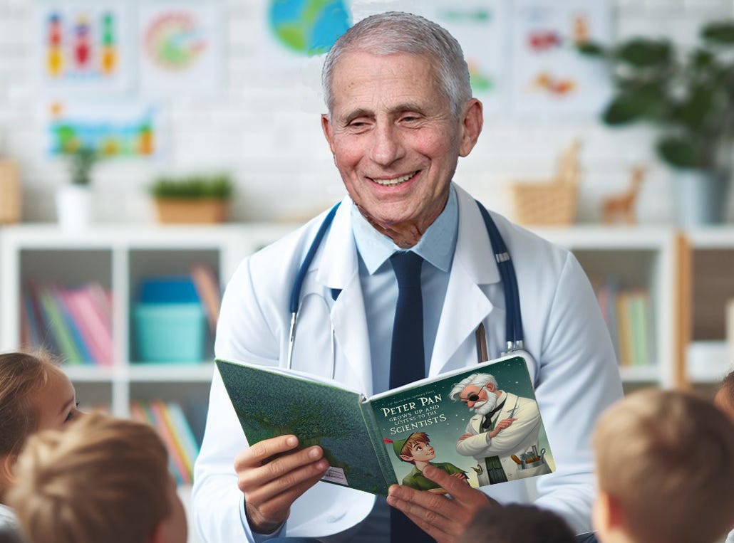 Funny image of Dr. Anthony Fauci reading book ‘Peter Pan Grows Up And Listens To The Scientists’ to a group of young children in a classroom (Health freedom satire) Funny image of Dr. Anthony Fauci reading book ‘Peter Pan Grows Up And Listens To The Scientists’ to a group of young children in a classroom (Health freedom satire)