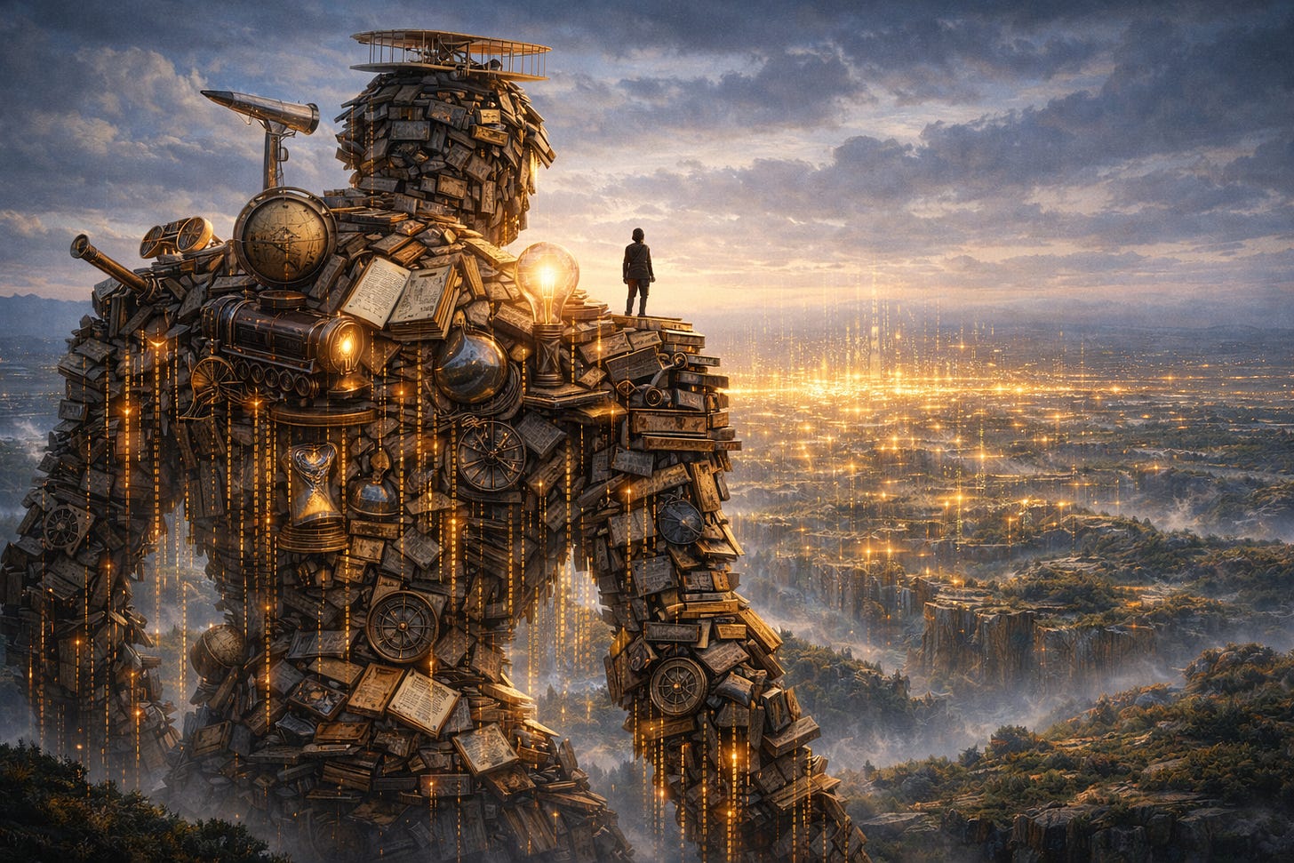 A giant humanoid figure built from books, clocks, globes and scientific instruments looks out over a glowing landscape of networked lights, a small human figure standing on its shoulder.