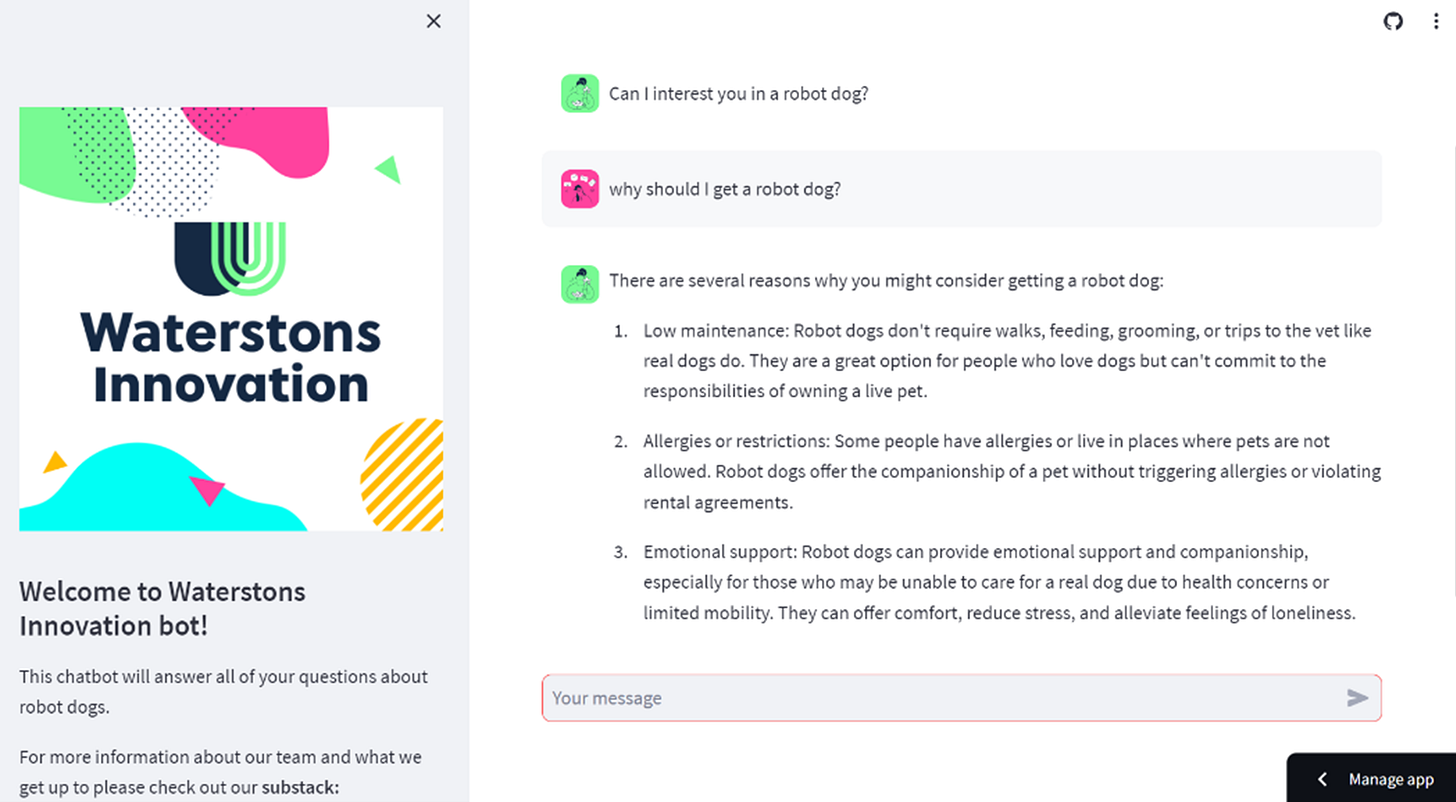 a screen grab showing someone talking to a robot dog chatbot