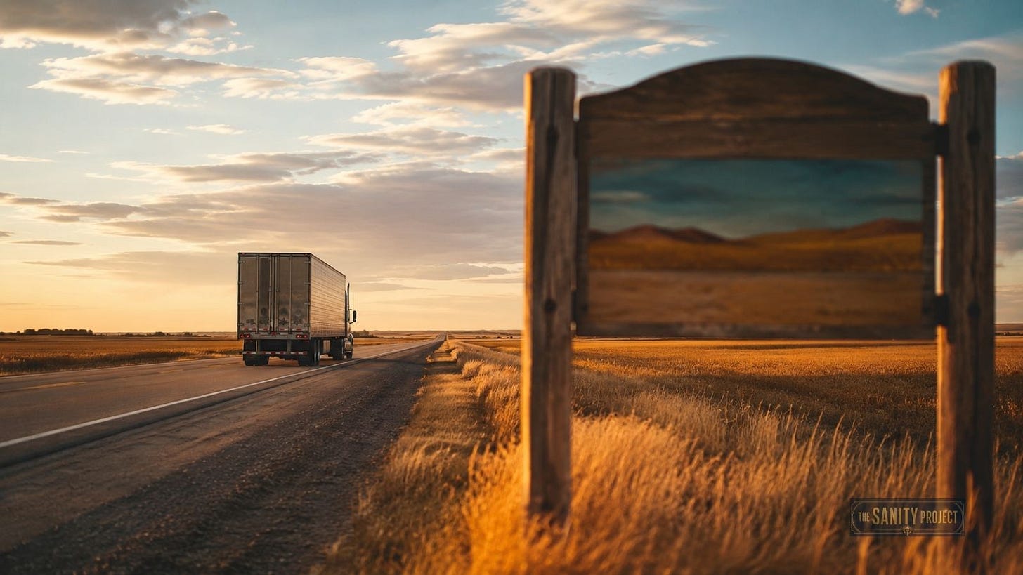 A transport truck crosses a Canadian provincial line, illustrating the cost of Canada’s trade barriers. A transport truck crosses a Canadian provincial line, illustrating the cost of Canada’s trade barriers.