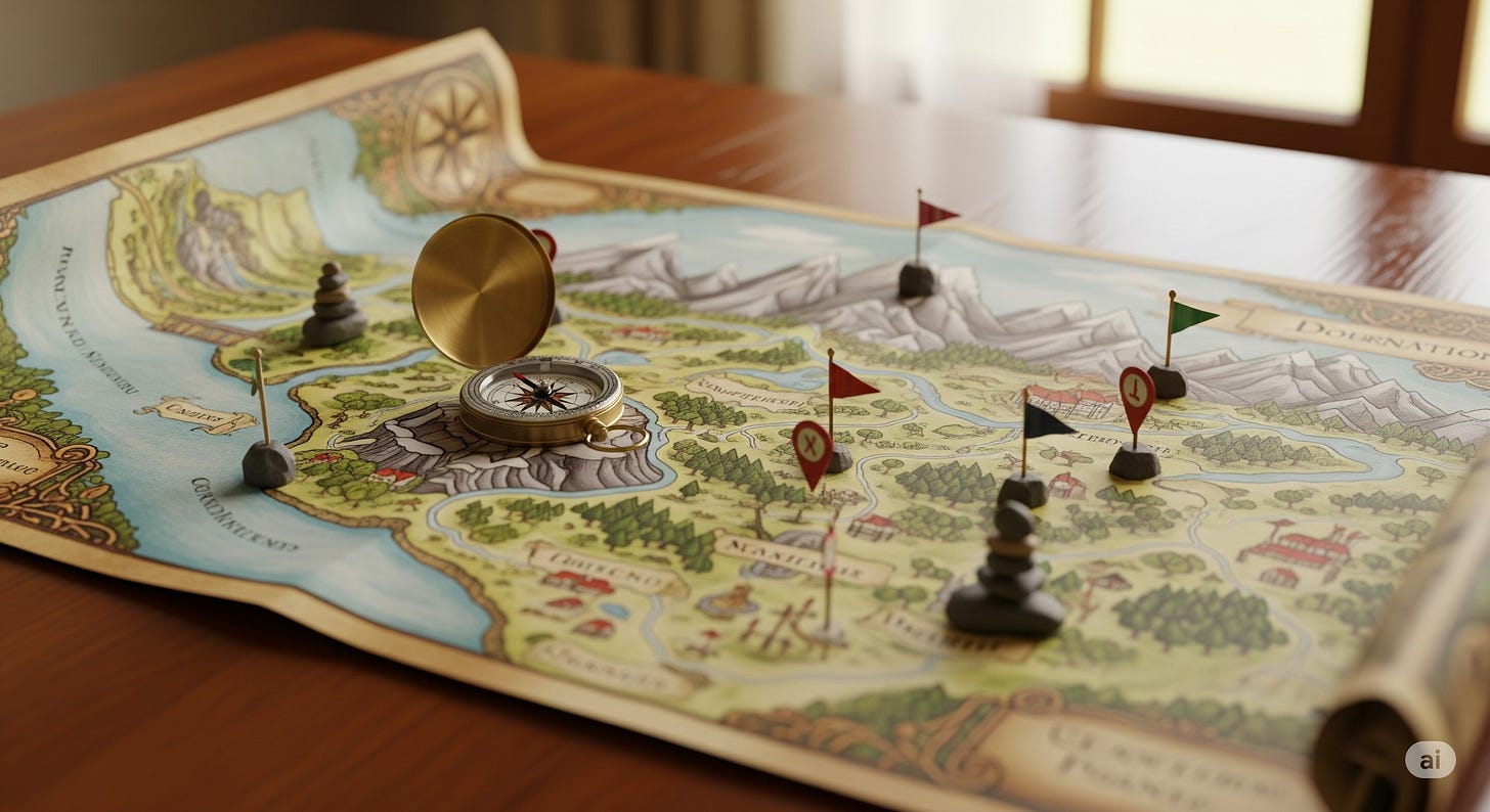 A detailed illustrated map lies open on a wooden table, marked with flags and cairns to indicate milestones. A brass compass rests on the map, symbolizing direction and guidance on a journey. A detailed illustrated map lies open on a wooden table, marked with flags and cairns to indicate milestones. A brass compass rests on the map, symbolizing direction and guidance on a journey.