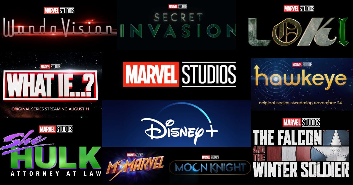 A collage of the different Marvel Studios Disney+ show logos. Top Row from right to left: WandaVision logo, Secret Invasion logo, Secret Invasion logo. Middle row from right to left, What If...? logo, a combination of Marvel Studios and Disney+ logos, Hawkeye logo. Bottom row from right to left She-Hulk logo, Ms. Marvel logo, Moon Knight logo, The Falcon and the Winter Soldier logo. 