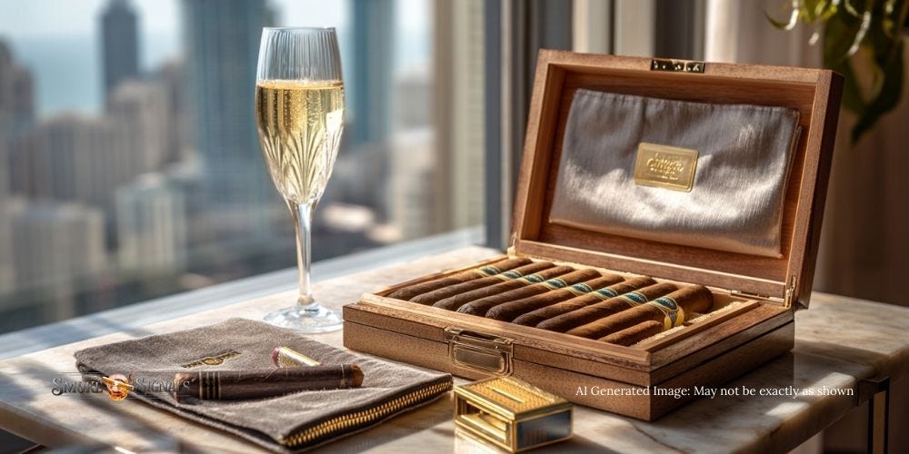 Luxury gift set with Connecticut Shade cigars, champagne, and S.T. Dupont lighter. Luxury gift set with Connecticut Shade cigars, champagne, and S.T. Dupont lighter.