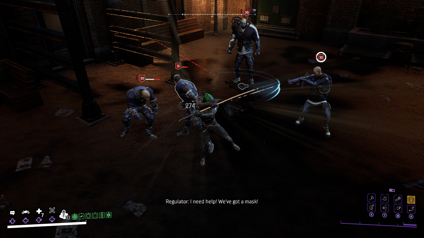 Gotham Knights combat. Robin faces off against a group of "Regulators."