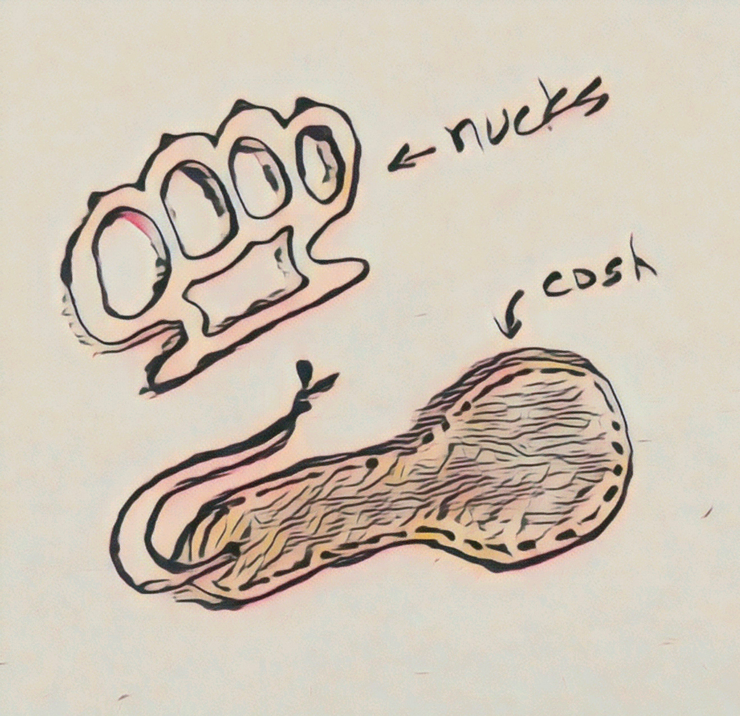 Cartoon image of brass knuckles and a blackjack with the words “nucks” and “cosh” indicating the two objects.
