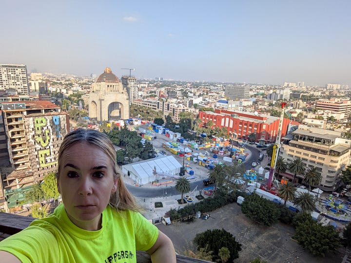 On the rental apt balcony over Monument to the Revolution. El Zocalo, the National Square in Mexico City.