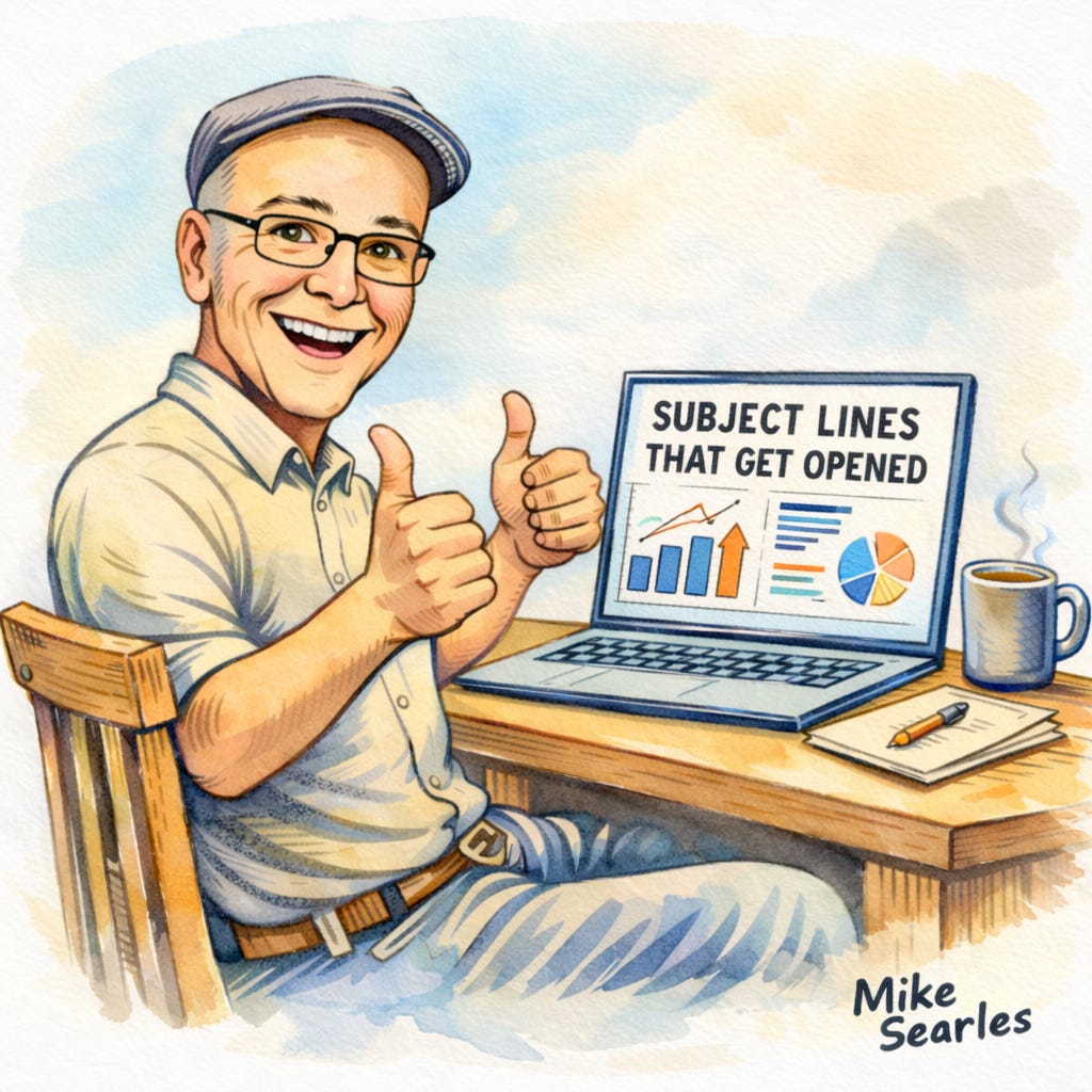 Cartoon of Mike Searles at a laptop showing a dashboard titled “Subject lines that get opened.”