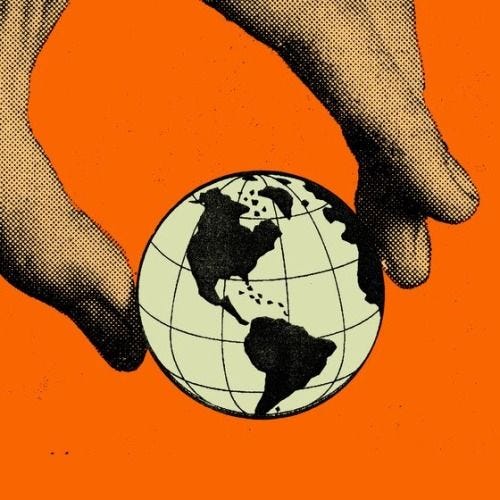 This may contain: two hands are holding a small globe in front of an orange background with black and white images