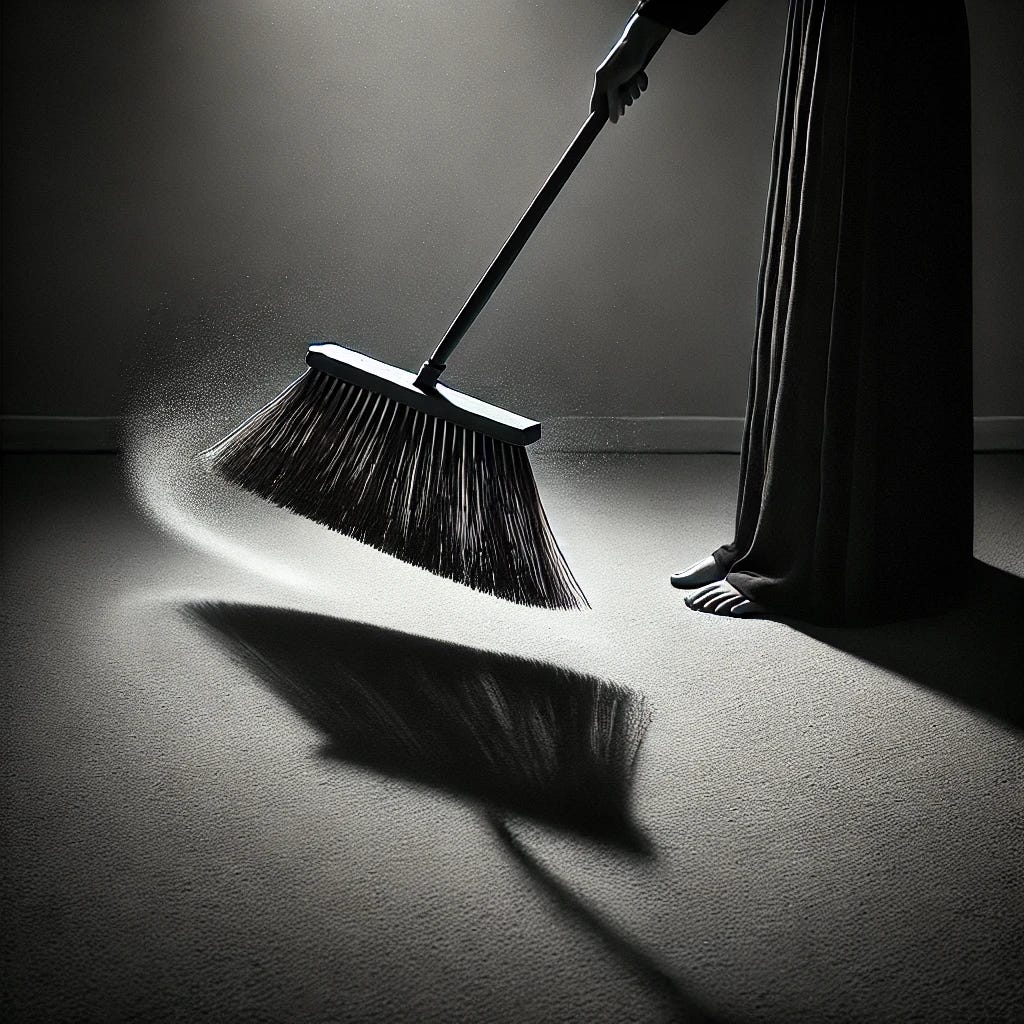 A surreal black-and-white image of a broom sweeping the floor by itself. The broom appears to be moving with purpose, as if animated by an unseen force. The floor beneath is slightly dusty, with soft shadows cast by the sweeping motion. The scene is minimalistic but eerie, with a sense of mystery. Strong contrasts between light and shadow add a feeling of tension and magic to the otherwise mundane act of cleaning. The style remains serious, with an atmospheric, dark undertone.