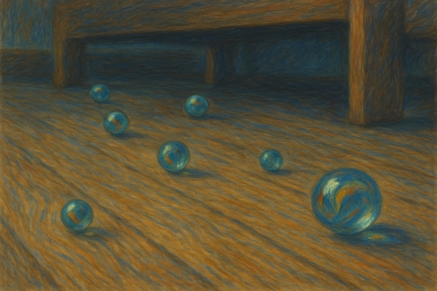 A softly textured drawing in colored pencil or pastel shows a few glass marbles scattered across a wooden floor. The marbles shimmer with blue, green, and amber swirls, reflecting gentle light. The scene is viewed from ground level, with the floor’s grain leading toward the shadowy space beneath a sturdy wooden piece of furniture in the background, evoking a quiet, slightly mysterious atmosphere.