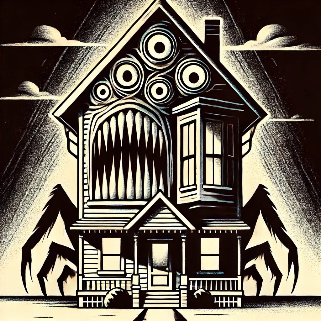 A stylized, minimalist illustration depicting a house transformed into a monstrous figure. The home has exaggerated features like menacing eyes in the windows, sharp teeth in the doorway, and twisted, claw-like roof edges. The structure appears to loom over, symbolizing the dangers or oppressive nature of an unsafe or toxic home environment. The background is stark and dramatic, with a contrast between dark shadows and light, reinforcing the eerie yet impactful theme. The color scheme is bold and evocative, maintaining a clean and striking design.