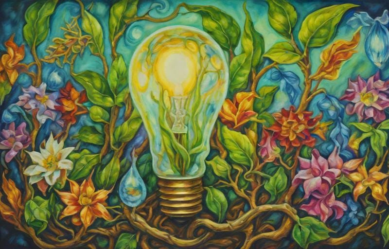 Substack AI renders "plants surrounding vintage light bulb" (PAINT style)