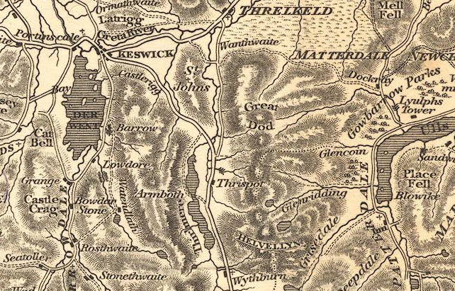 Map of central Lakeland, hatching for hills