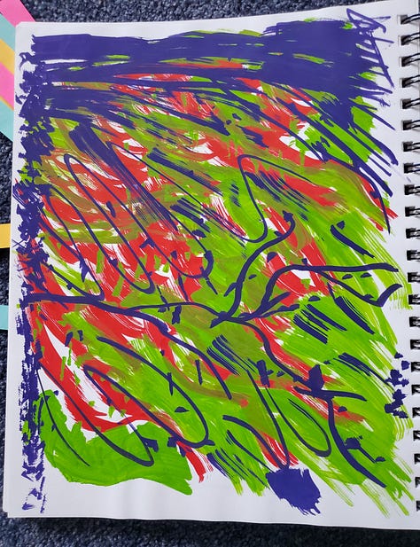 A series of abstract paintings with lots of squiggly lines in bright green, red, and blue/purple.