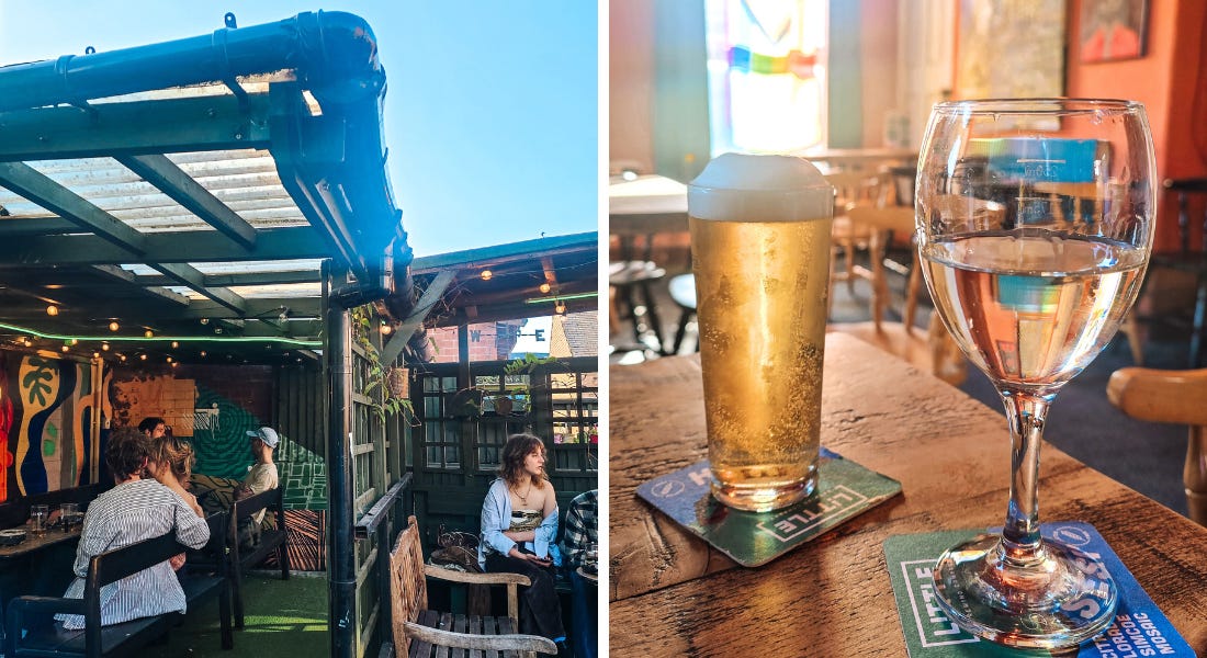 Two pictures of The King Billy pub in Nottingham - one of the rooftop beer garden with people sitting in it and one of a glass of wine and pint of beer on a wooden table Two pictures of The King Billy pub in Nottingham - one of the rooftop beer garden with people sitting in it and one of a glass of wine and pint of beer on a wooden table