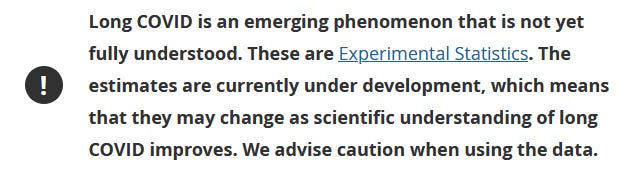 screenshot from Office of National Statistics website. It has a little exclamation point and next to that says: Long COVID is an emerging phenomenon that is not yet fully understood. These are Experimental Statistics. The estimates are currently under development, which means that they may change as scientific understanding of long COVID improves. We advise caution when using the data. 