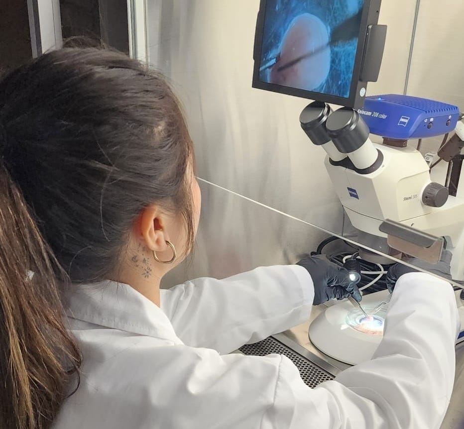 Woman looking at a sample in a microscope in the Murugan Lab. Woman looking at a sample in a microscope in the Murugan Lab.