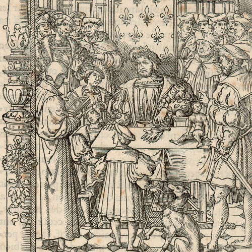 Gravure de la Renaissance: Pierre Sala offrant son ouvrage à François Ier