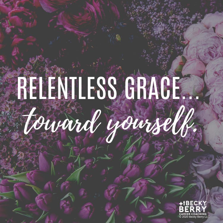 A background of purple flowers with the words Relentless Grace toward yourself in white in the foreground.