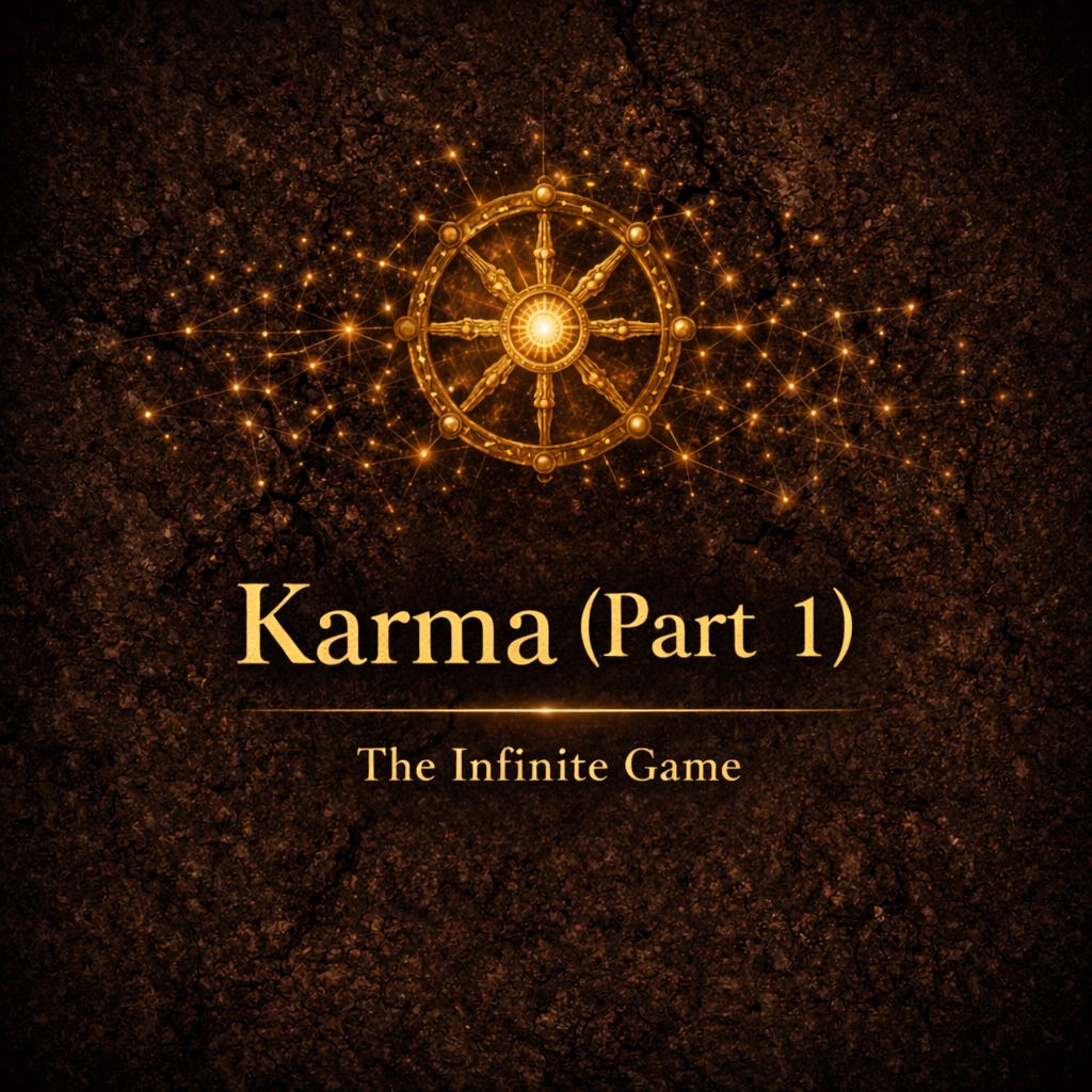 A dramatic title graphic with a dark textured background and glowing golden elements. At the top is an ornate wheel-like symbol surrounded by sparkling interconnected lights. Large gold serif text in the center reads “Karma (Part 1).” Beneath it, smaller text says: “The Infinite Game.” The overall design has a mystical, epic, and cinematic feel.