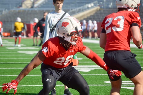 Wisconsin inside linebackers participate in individual position drills during the Badgers' spring football practice Saturday inside Camp Randall Stadium. 