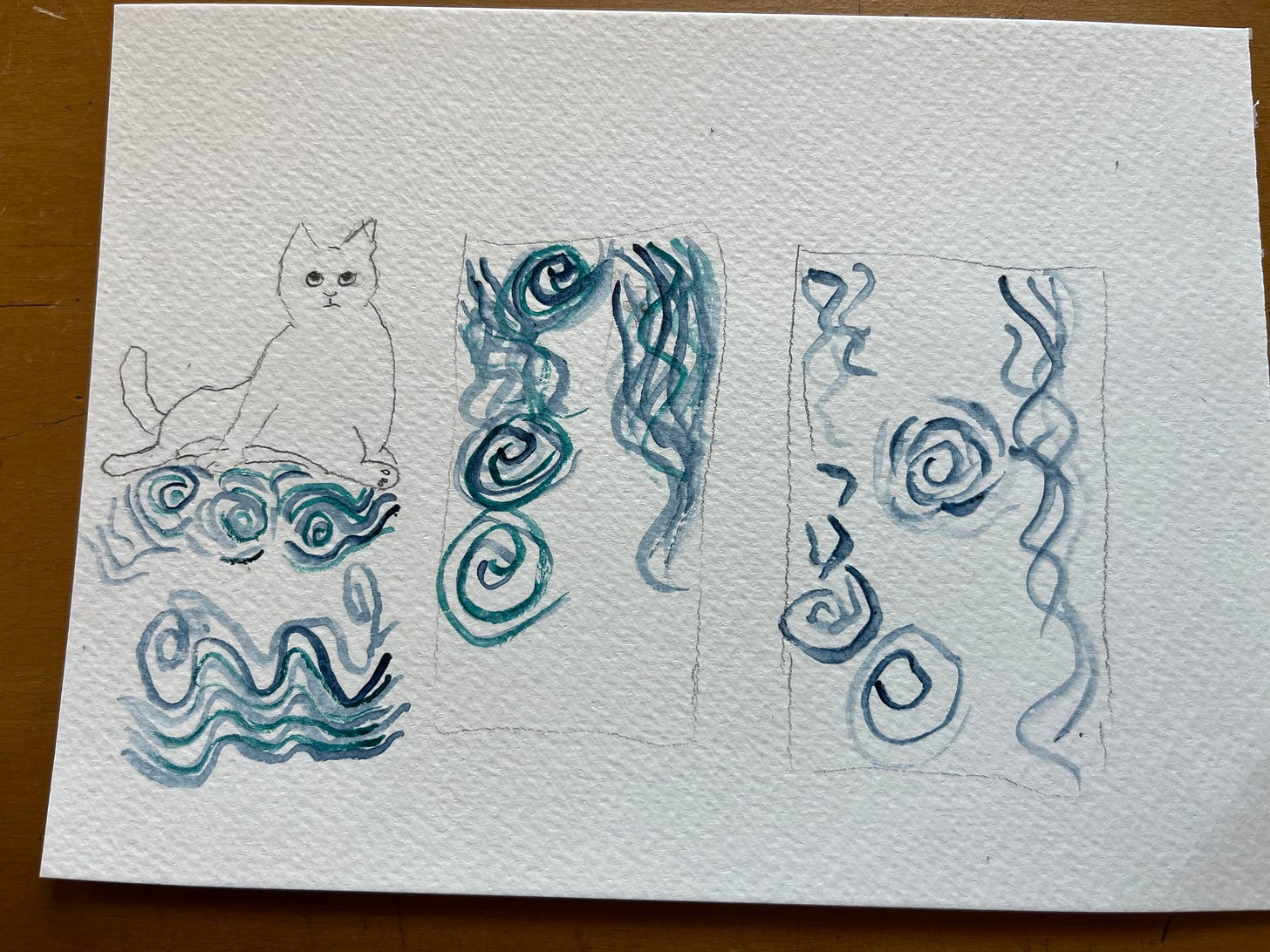 A sheet of watercolor paper with some squiggles in blue where Robyn is trying to imitate Van Gogh and also a pencil sketch of a cat, mid-bath, looking sort of petulant or disaffected