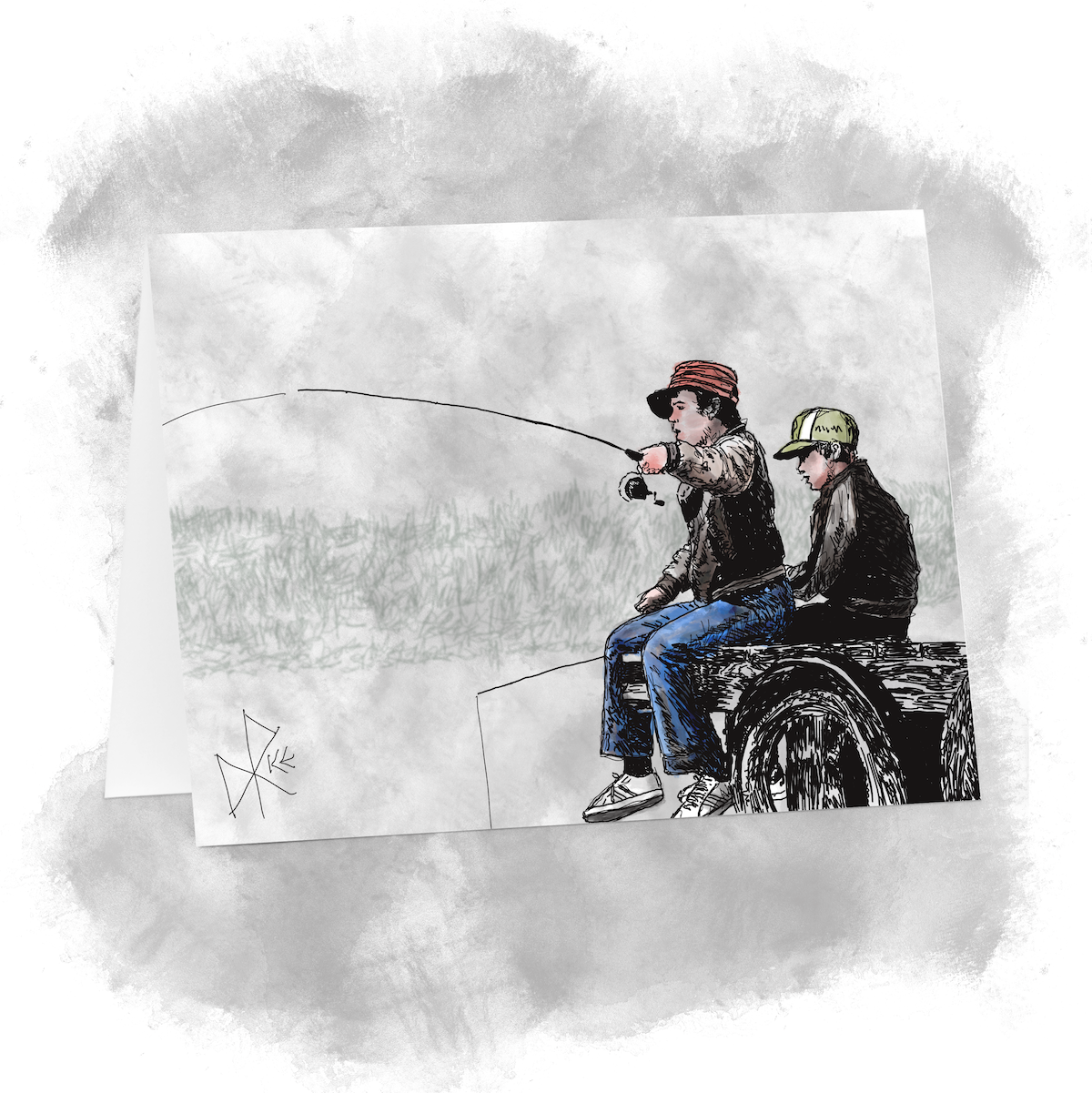 Two boys fishing while seated on a dock, their legs hanging over the edge. Sketch art by Don Rice. Two boys fishing while seated on a dock, their legs hanging over the edge. Sketch art by Don Rice.