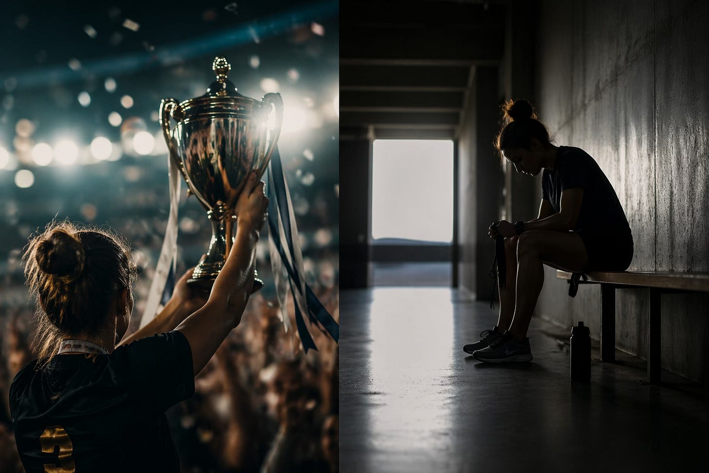 split screen. Woman lifting a trophy on one side. Another in the changing rooms alone. split screen. Woman lifting a trophy on one side. Another in the changing rooms alone.