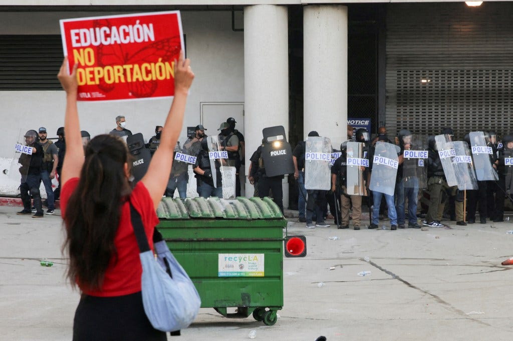 Protestors demonstrating against ICE detentions outside the Los Angeles Federal Building.