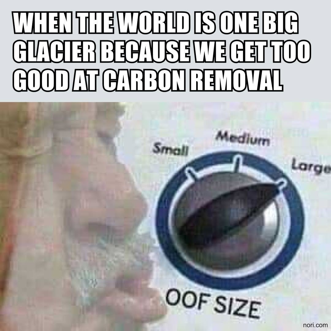 Text: "When the world is one big glacier because we get too good at carbon removal." Below, a nose beside a dial set between small, medium and large, labelled "Oof size".