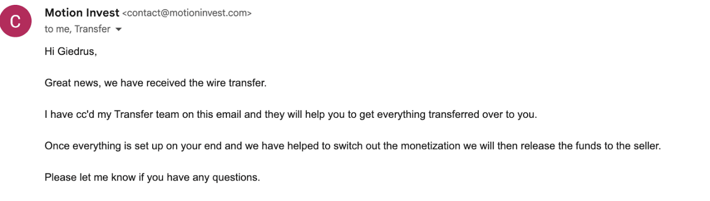 Wire transfer was received successfully