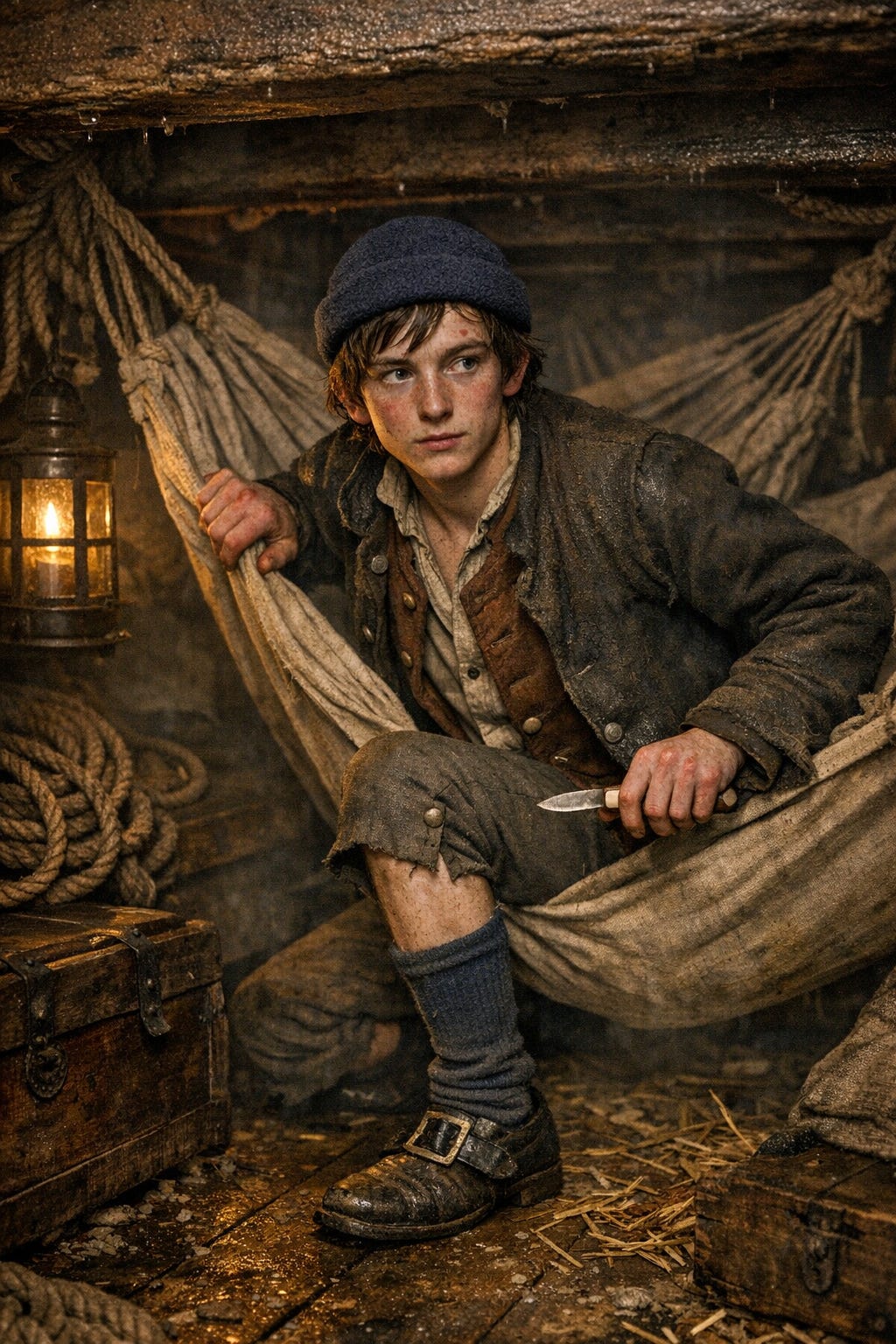 "Ultrarealistic 18thcentury ship interior, 1760. Predawn forecastle cramped below deck on a British merchant snow, low oak beams with condensation, dim tallow lantern light, hammocks slung tight, coils of hemp rope, sea chest, scattered straw and grit. Main subject: a 16yearold Scottish deck boy slim wiry build, freckled pale skin, greyblue eyes, brown hair to ear length under a blue wool Monmouth cap, wearing coarse undyed linen shirt, brown wool waistcoat with horn buttons, short tarred canvas jacket, grey wool kneebreeches, blue worsted stockings, saltstiff buckled leather shoes, bonehandled clasp knife. He is rising from a hammock, chapped lips, raw hands, faint healed cut on left eyebrow. Atmosphere: damp, smoky, sweaty, gritty, historically accurate props and textiles, no modern items, cinematic low light, documentary realism.”.png "Ultrarealistic 18thcentury ship interior, 1760. Predawn forecastle cramped below deck on a British merchant snow, low oak beams with condensation, dim tallow lantern light, hammocks slung tight, coils of hemp rope, sea chest, scattered straw and grit. Main subject: a 16yearold Scottish deck boy slim wiry build, freckled pale skin, greyblue eyes, brown hair to ear length under a blue wool Monmouth cap, wearing coarse undyed linen shirt, brown wool waistcoat with horn buttons, short tarred canvas jacket, grey wool kneebreeches, blue worsted stockings, saltstiff buckled leather shoes, bonehandled clasp knife. He is rising from a hammock, chapped lips, raw hands, faint healed cut on left eyebrow. Atmosphere: damp, smoky, sweaty, gritty, historically accurate props and textiles, no modern items, cinematic low light, documentary realism.”.png
