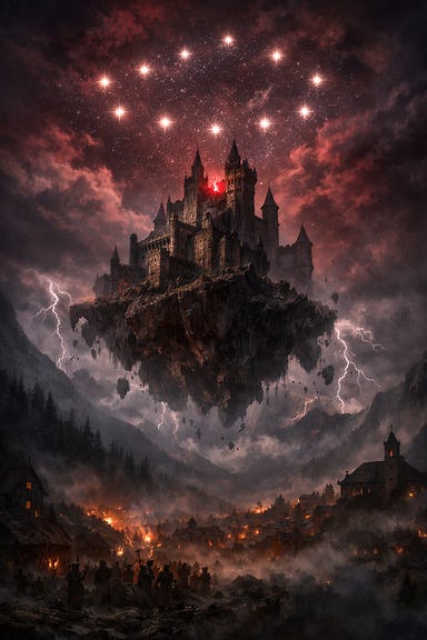 Castle Ravenloft rising above the valley under the thirteen-star Conjunction