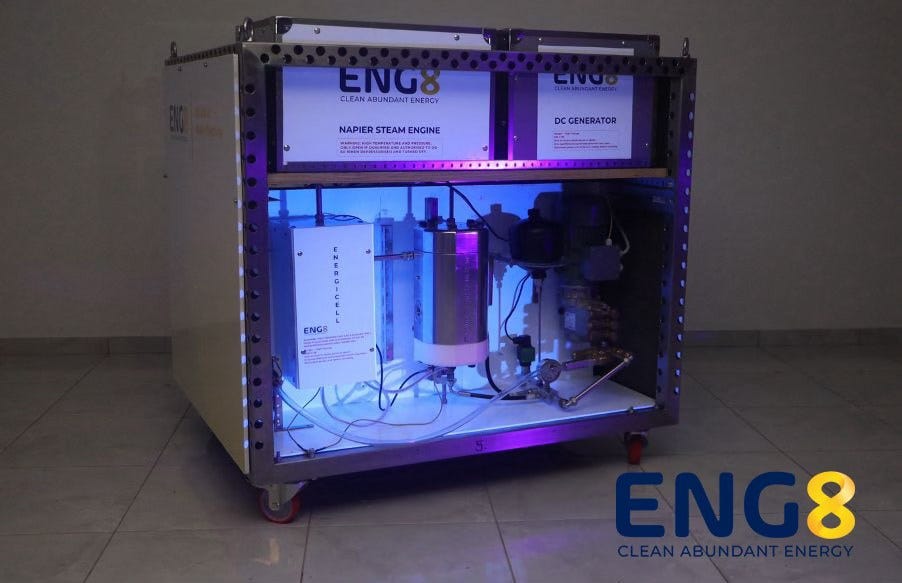 May be an image of text that says 'ENG8 CLEANABUNDANTENERGY CLEAN ABUNDANT ENERGY ENU0 NAPIERSTEAMENCINE STEAM ENGINE NAPIER SARREI M INSREIIO m DCGENERATOR - AnMY ENGB ENG 8 CLEANABUNDANTENE CLEAN'