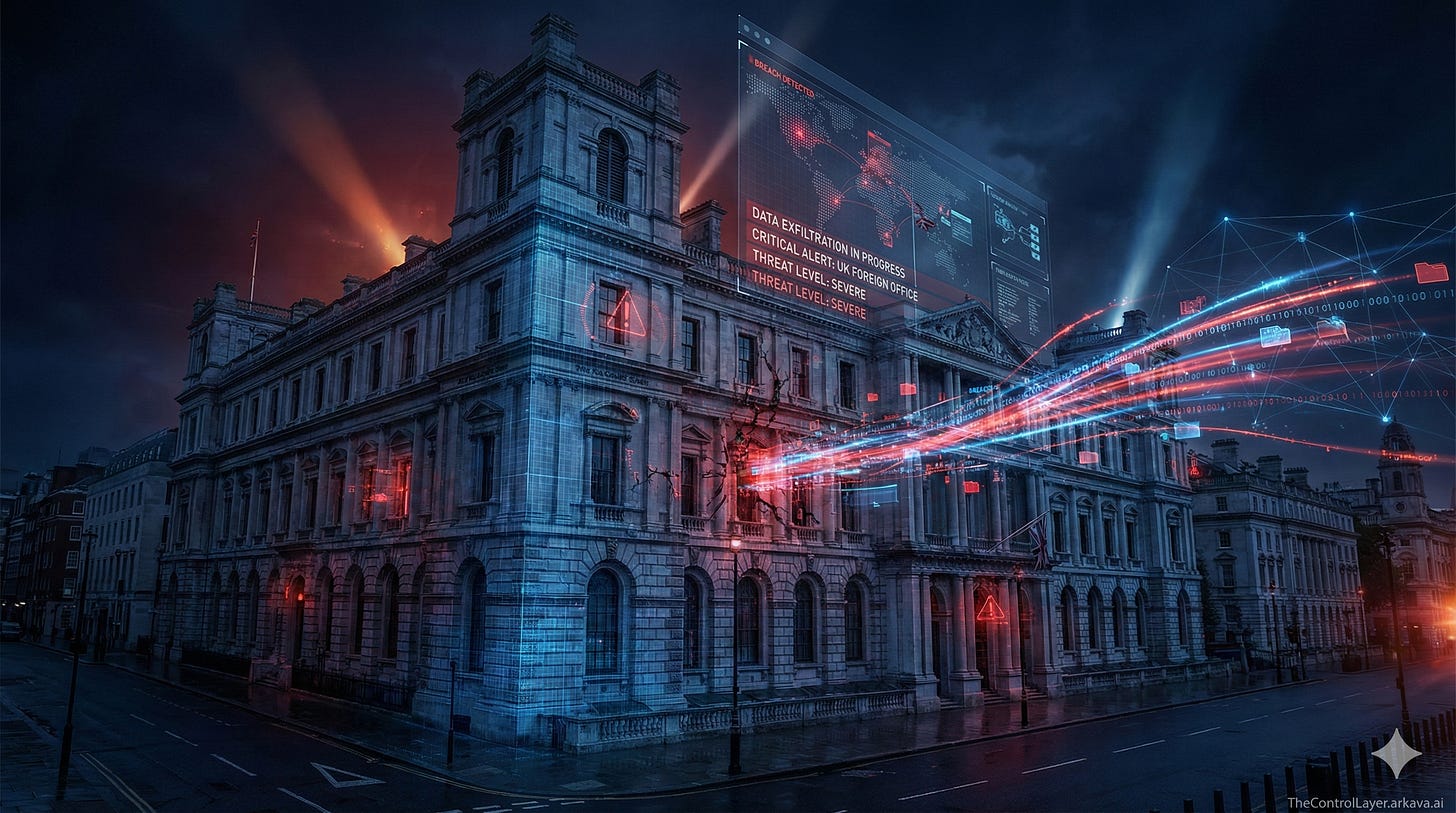 Digital visualisation of the UK Foreign Office building with cybersecurity threat indicators showing data breach concept