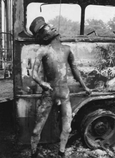 Charred bodies of People's Liberation Army (PLA) soldiers depicted after they were stripped, beaten, and burned to death by "pro-democracy" rioters.