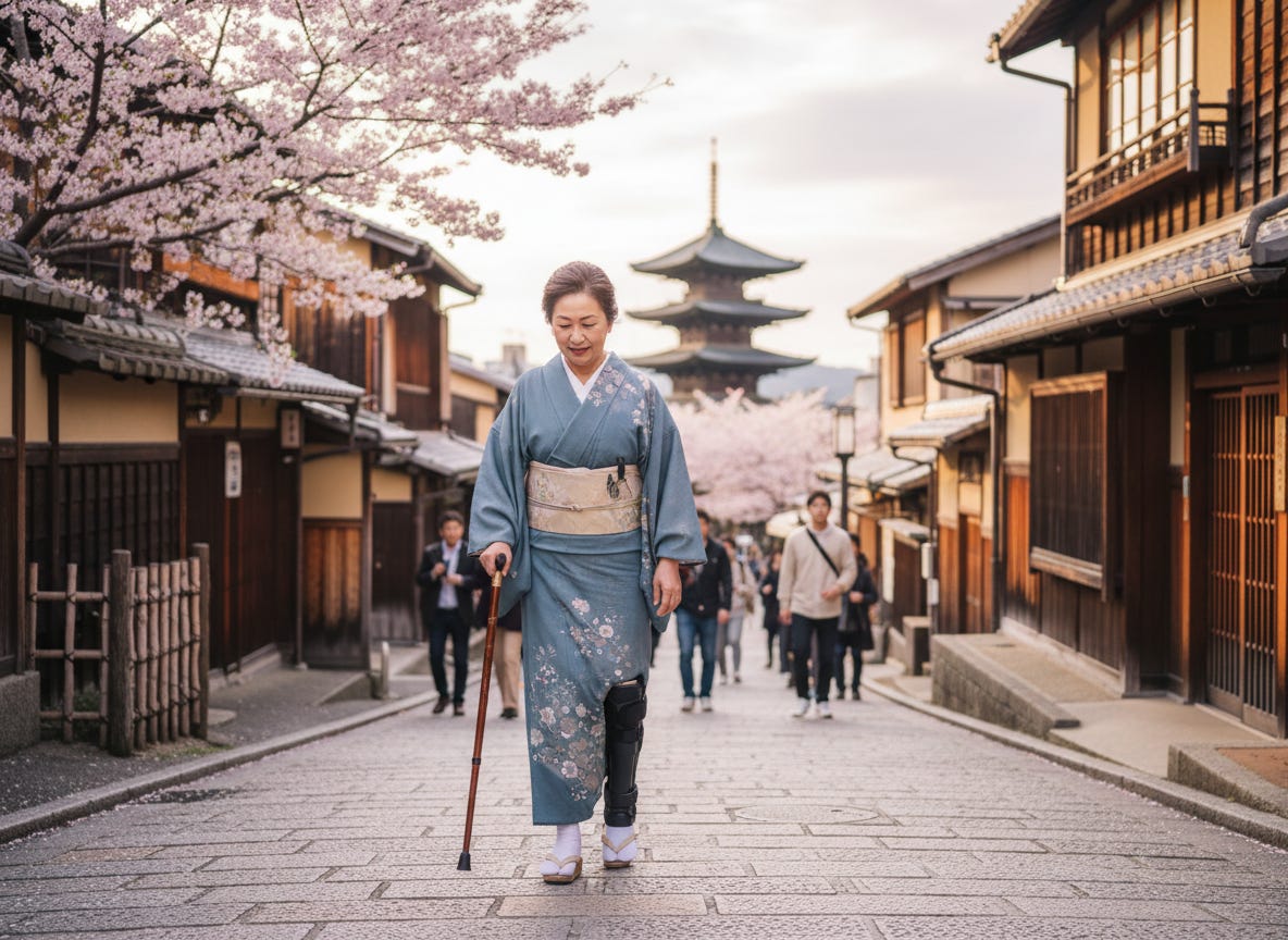 A middle-aged woman wearing a beautiful blue-gray kimono adorned with delicate floral embroidery walks along a historic cobblestone street in what appears to be Kyoto's old town district. She uses a wooden walking cane for support and wears a leg brace visible beneath the hem of her kimono, paired with traditional white tabi socks and sandals. A cream-colored obi is tied at her waist, adding elegance to her ensemble. Cherry blossom trees in full bloom line both sides of the street, their soft pink petals framing a multi-tiered pagoda rising in the background. Other pedestrians stroll casually behind her, and the warm, overcast light gives the entire scene a gentle, painterly quality that feels both timeless and quietly celebratory.