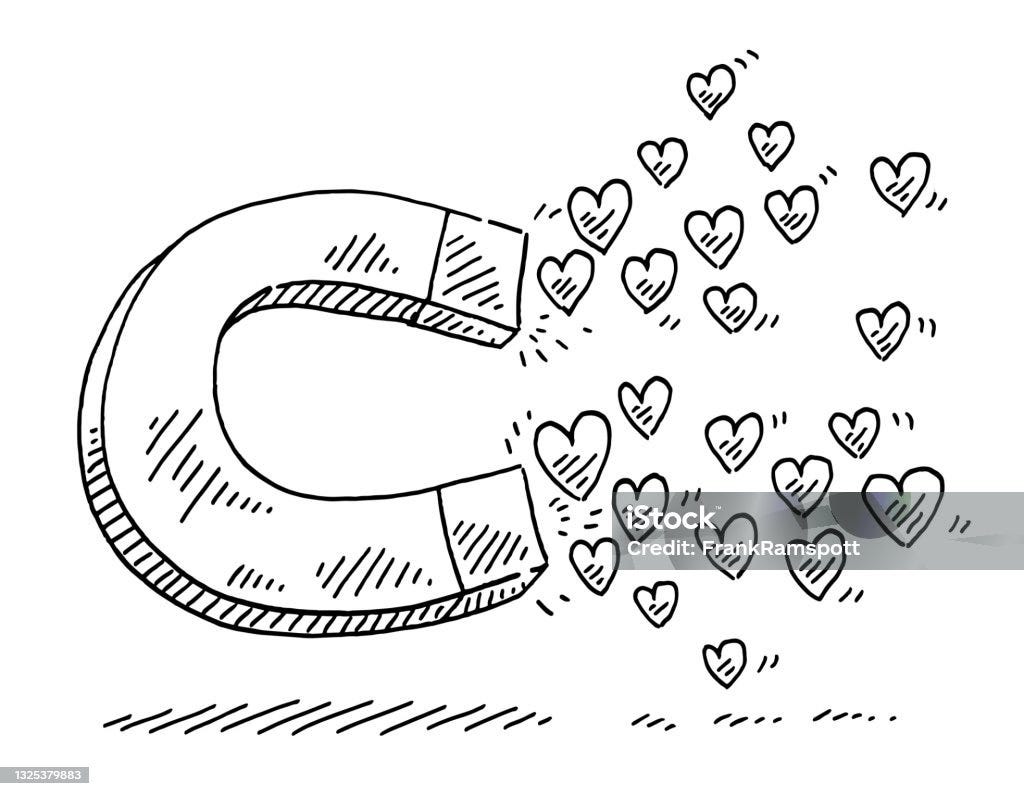 Magnet Power Of Attraction Love Hearts Drawing Hand-drawn vector drawing of a Magnet and Love Hearts, Power Of Attraction Symbol. Black-and-White sketch on a transparent background (.eps-file). Included files are EPS (v10) and Hi-Res JPG. Magnet stock vector