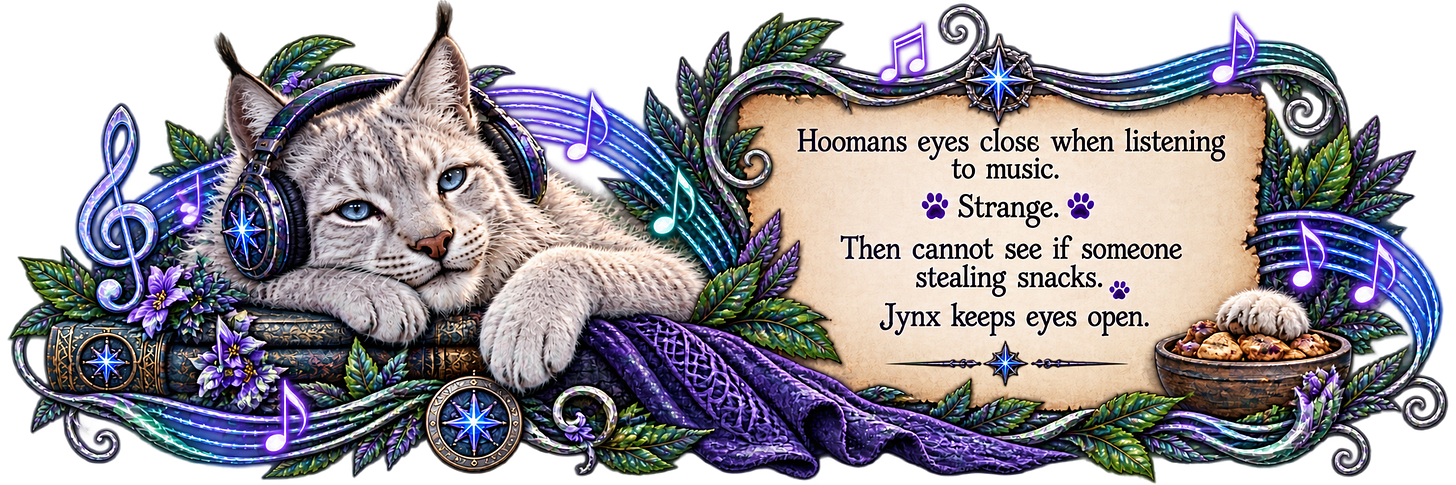 Jynx discussing how strange it is that hoomnans close their eyes when listening to music. Jynx keeps his eyes open watching so his snacks are not stolen. Jynx discussing how strange it is that hoomnans close their eyes when listening to music. Jynx keeps his eyes open watching so his snacks are not stolen.