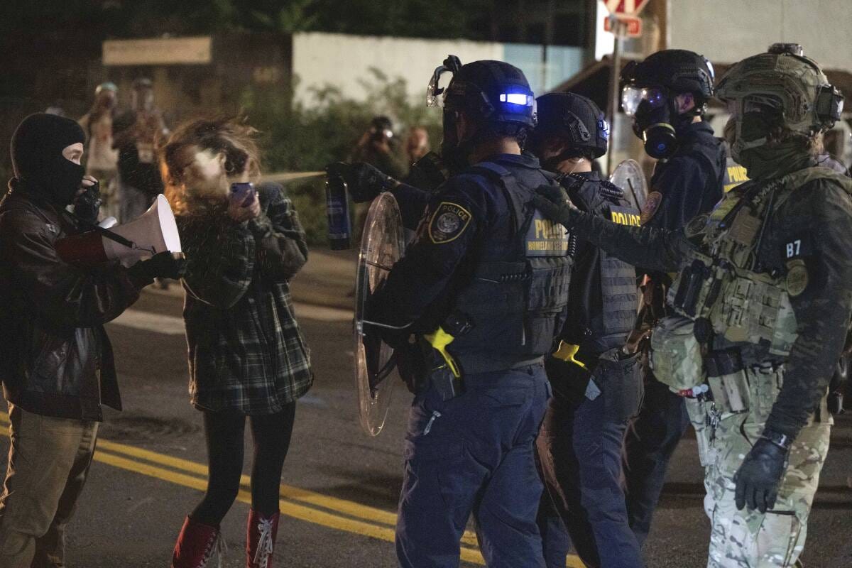 A protester is sprayed by a Department of Homeland Security officer.
