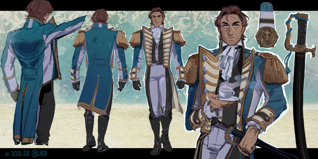 Character reference sheet for Captain Henry Somerset showing Arunean naval uniform design with sacred dolphin countershading: turquoise coat (muirrine) with white inner sleeves, gold trim, drauhessa rank medallion, and full 360-degree views demonstrating elegiac naval Gothic aesthetic